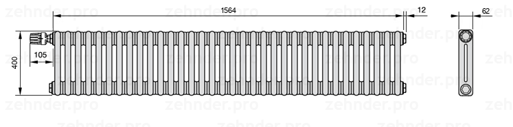 Схема (чертеж) Радиатор Zehnder Charleston 2040/34 №V012 Белый глянцевый RAL 9016